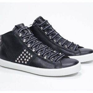 Leather Crown Black High-Top Sneakers with Silver Accents